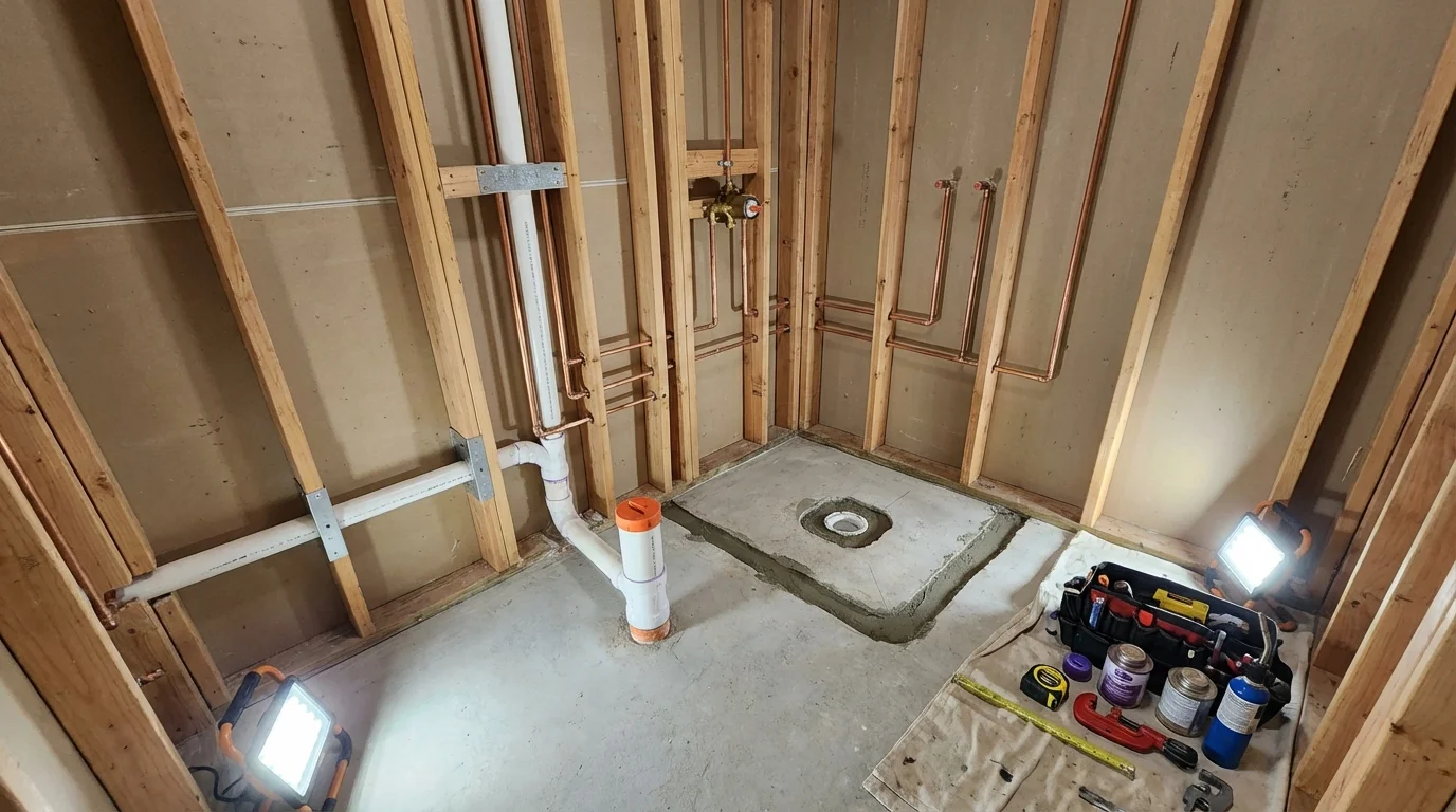 Bathroom rough-in plumbing during remodel by Johns Plumbing LLC in Statham
