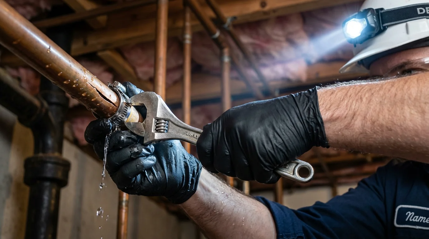 Emergency pipe clamp repair being performed by a Johns Plumbing LLC plumber in Statham