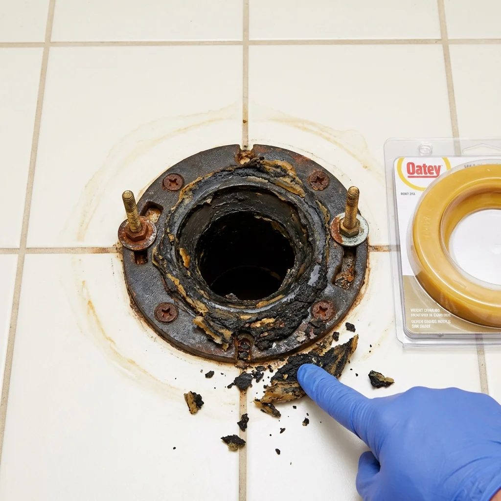 Failed wax ring showing water seepage at the base of a toilet in a Statham, GA home