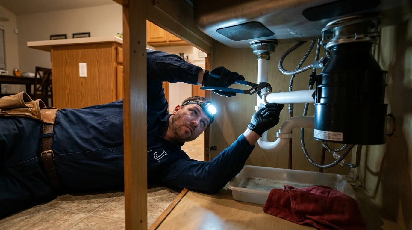 P-trap and supply line connections under a kitchen sink showing a common leak point in Statham, GA